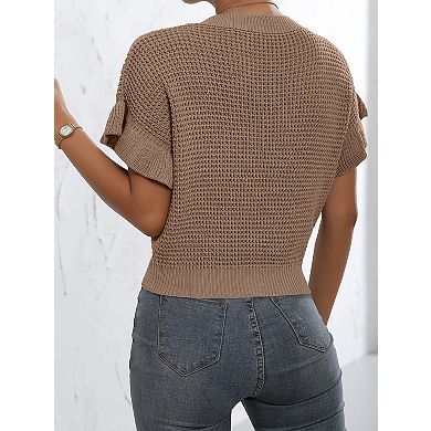 Women's Ruffled Short Sleeve Crewneck Knit Pullover Sweater Top Casual