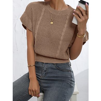 Women's Ruffled Short Sleeve Crewneck Knit Pullover Sweater Top Casual