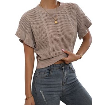 Women's Ruffled Short Sleeve Crewneck Knit Pullover Sweater Top Casual