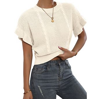 Women's Ruffled Short Sleeve Crewneck Knit Pullover Sweater Top Casual