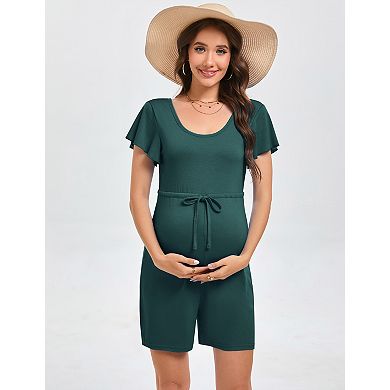Women's Short Sleeve Maternity Jumpsuit with Waist Drawstring Shorts