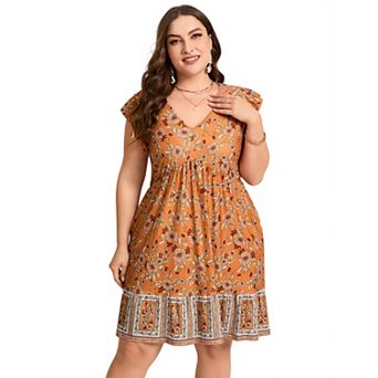 Women's Plus Size Floral Print V Neck Ruffle Sleeve A Line Casual Dress