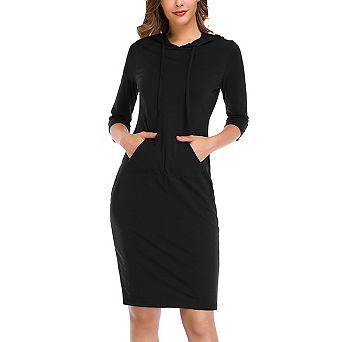 Women's Hooded Drawstring Three Quarter Sleeve Kangaroo Pocket Casual Midi Dress