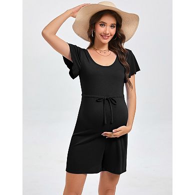 Women's Maternity Jumpsuit Short Sleeve with Waist Drawstring Shorts