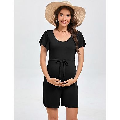 Women's Maternity Jumpsuit Short Sleeve with Waist Drawstring Shorts