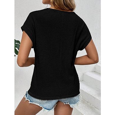 Women's Waffle Knit Raglan Mesh Hollow Out Short Sleeve T-Shirt