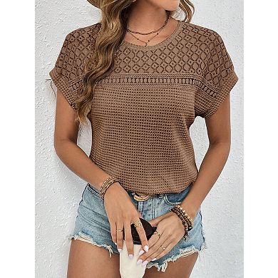 Women's Waffle Knit Raglan Mesh Hollow Out Short Sleeve T-Shirt