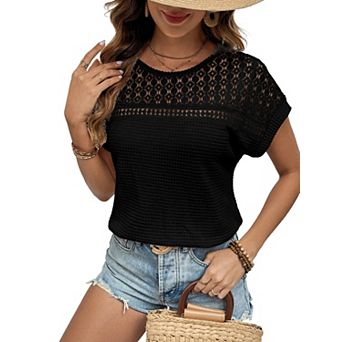 Women's Waffle Knit Raglan Mesh Hollow Out Short Sleeve T-Shirt
