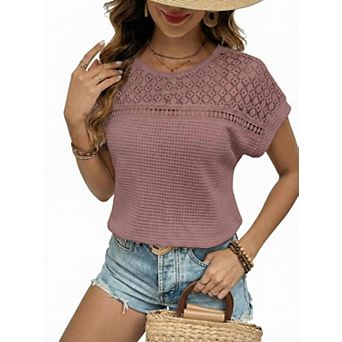 Women's Waffle Knit Raglan Mesh Hollow Out Short Sleeve T-Shirt