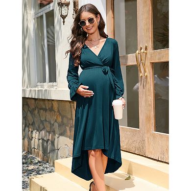 Women's Long Sleeve V-Neck Maternity Midi Dress