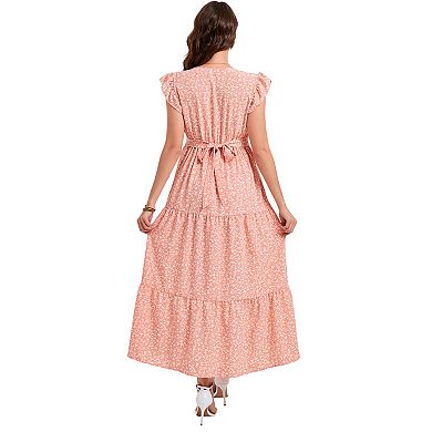 Women's Maternity V Neck Short Sleeve with Belt Midi Dress