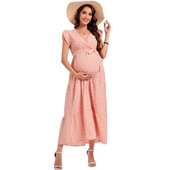 Women's Maternity Short Sleeve V Neck with Belt Midi Dress