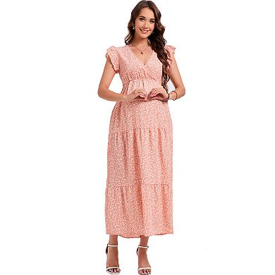 Women's Maternity Short Sleeve V Neck with Belt Midi Dress