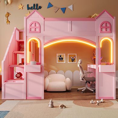 Merax Wood Castle Loft Bed with Storage Staircase, Desk, Windows, Shelves