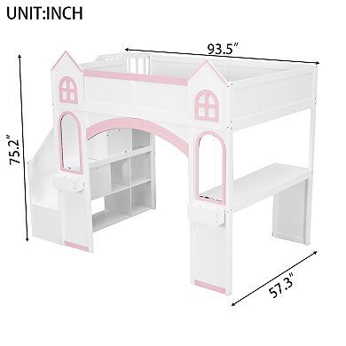 Merax Wood Castle Loft Bed with Storage Staircase, Desk, Windows, Shelves