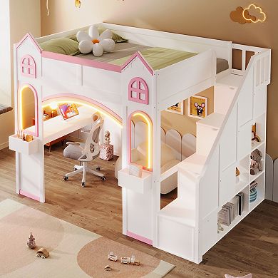 Merax Wood Castle Loft Bed with Storage Staircase, Desk, Windows, Shelves