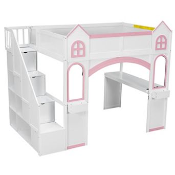 Merax Wood Castle Loft Bed with Storage Staircase, Desk, Windows, Shelves