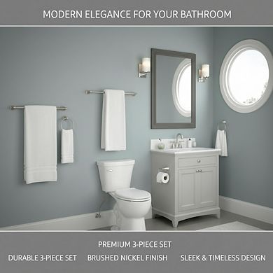 3-Piece Bathroom Towel Set, Brushed Nickel 18/24" Bar and Toilet Paper Holder