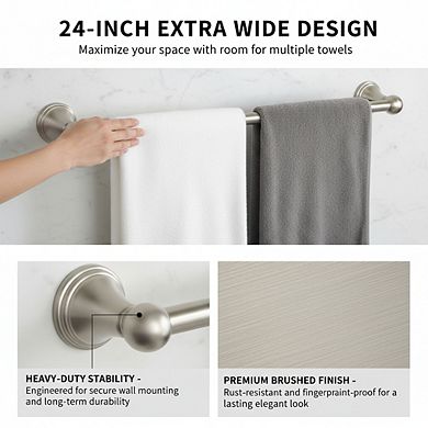 Brushed Nickel 24-Inch Wall Mounted Towel Bar, Single Bathroom Rack