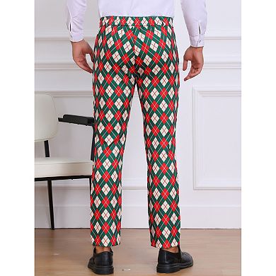 Argyle Pattern Pants for Men's Flat Front Retro Trousers Plaid Printed Golf Pants