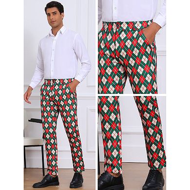 Argyle Pattern Pants for Men's Flat Front Retro Trousers Plaid Printed Golf Pants