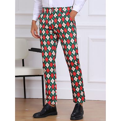 Argyle Pattern Pants for Men's Flat Front Retro Trousers Plaid Printed Golf Pants