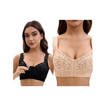 2 Packs Women's Lace Front Closure Full Coverage Minimizers Wirefree Wide Straps Soft Bras