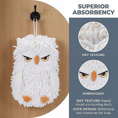 Cute Owl Animal Shaped Chenille Hanging Hand Towels, Super Absorbent Soft Towel 1 Pack 9" x 11"