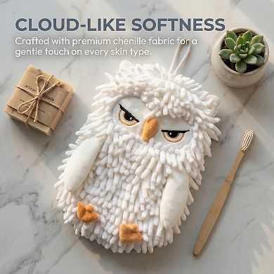 Cute Owl Animal Shaped Chenille Hanging Hand Towels, Super Absorbent Soft Towel 1 Pack 9" x 11"