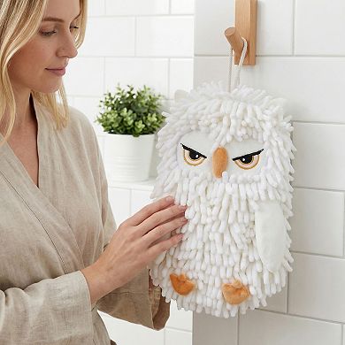 Cute Owl Animal Shaped Chenille Hanging Hand Towels, Super Absorbent Soft Towel 1 Pack 9" x 11"