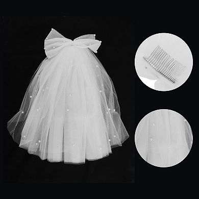 15.75" Hair Comb Wedding Veil 1 Pc Bow Pearl White