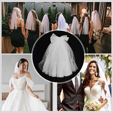 15.75" Hair Comb Wedding Veil 1 Pc Bow Pearl White