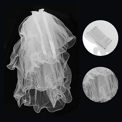 31.5" Hair Comb Wedding Veil 1 Pc Four-Layer Pearl White