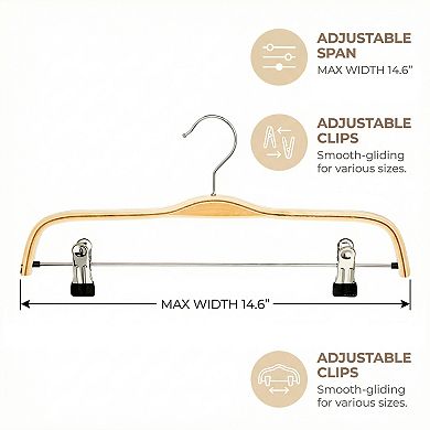 2 Pack Wood Non-Slip Hangers with Pinch Clips, Durable 360-degree Space Saving 14.6Inch