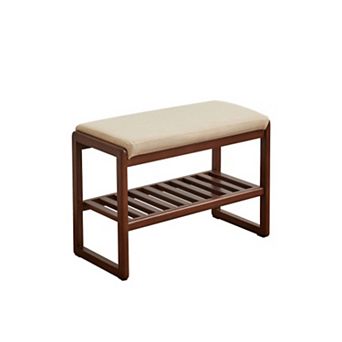 Solid Wood Shoe Bench with Storage, Beige Cushioned Seat, Ideal for Entryway Bedroom