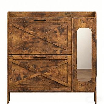 Rustic Shoe Cabinet with 2 Flip Drawers & Mirror, with Adjustable Shelves, for Entryway Hallway