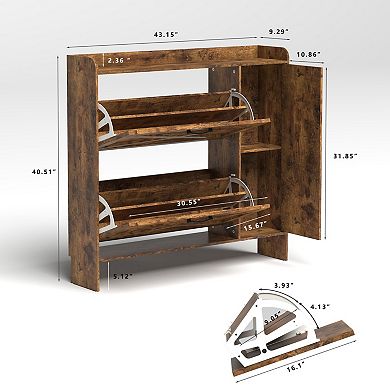 Rustic Shoe Cabinet with 2 Flip Drawers & Mirror, with Adjustable Shelves, for Entryway Hallway