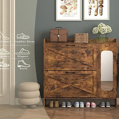 Rustic Shoe Cabinet with 2 Flip Drawers & Mirror, with Adjustable Shelves, for Entryway Hallway