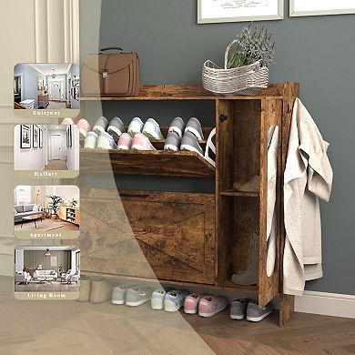 Rustic Shoe Cabinet with 2 Flip Drawers & Mirror, with Adjustable Shelves, for Entryway Hallway
