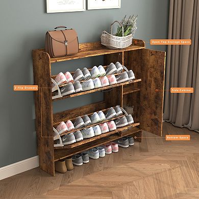 Rustic Shoe Cabinet with 2 Flip Drawers & Mirror, with Adjustable Shelves, for Entryway Hallway
