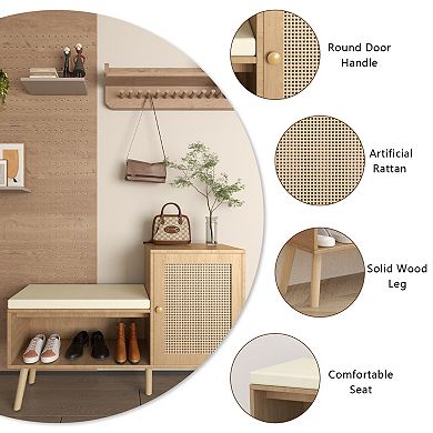 Rattan Shoe Cabinet Bench with Storage, Slim Entryway Shoe Rack for Hallway Bedroom