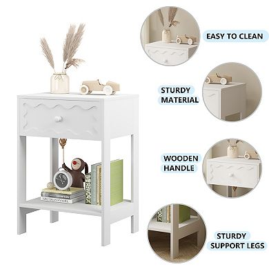Modern Wave Pattern Nightstand with Drawer & Shelf, Sturdy Bedside Table for Bedroom, Small Spaces