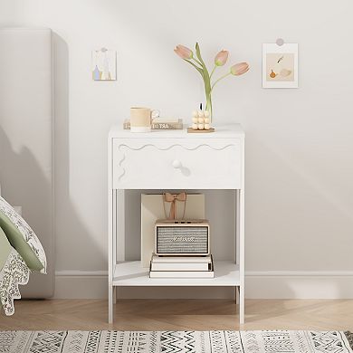 Modern Wave Pattern Nightstand with Drawer & Shelf, Sturdy Bedside Table for Bedroom, Small Spaces