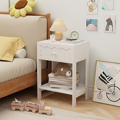 Modern Wave Pattern Nightstand with Drawer & Shelf, Sturdy Bedside Table for Bedroom, Small Spaces