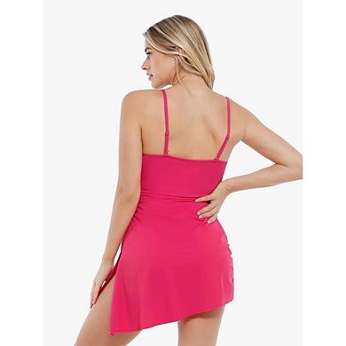 Women's Two-piece Suspenders Swimsuit V Neck Pleated Design with Slanted Hem