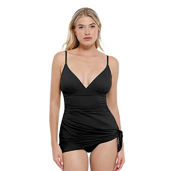 Women's Two-piece Suspenders Swimsuit V Neck Pleated Design with Slanted Hem