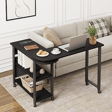 ANIXOL 360° Rotating Side Table with Charging Station，Lockable Wheels，Built-in Outlets