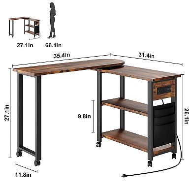 ANIXOL 360° Rotating Side Table with Charging Station，Lockable Wheels，Built-in Outlets