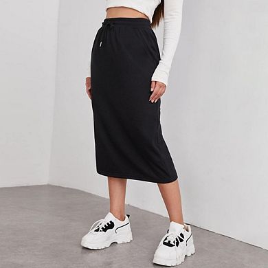 Midi Skirts for Womens Soft High Waist Elastic Trendy Drawstring Slit Sweat Skirts with Pockets
