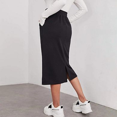 Midi Skirts for Womens Soft High Waist Elastic Trendy Drawstring Slit Sweat Skirts with Pockets
